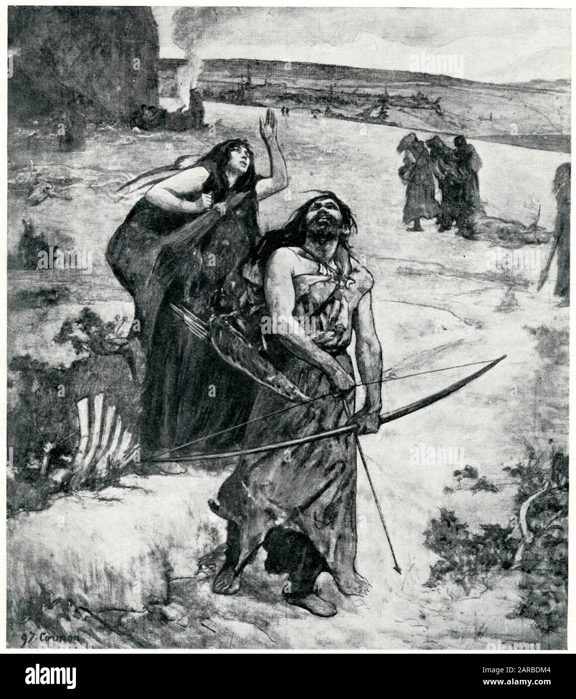 Hunting for food in the later Ice Age (Last Glacial Period), showing a family of cave dwellers with bow and arrow. At this time there was no English Channel and Britain was connected to the European continent.      Date: BCE Stock Photo