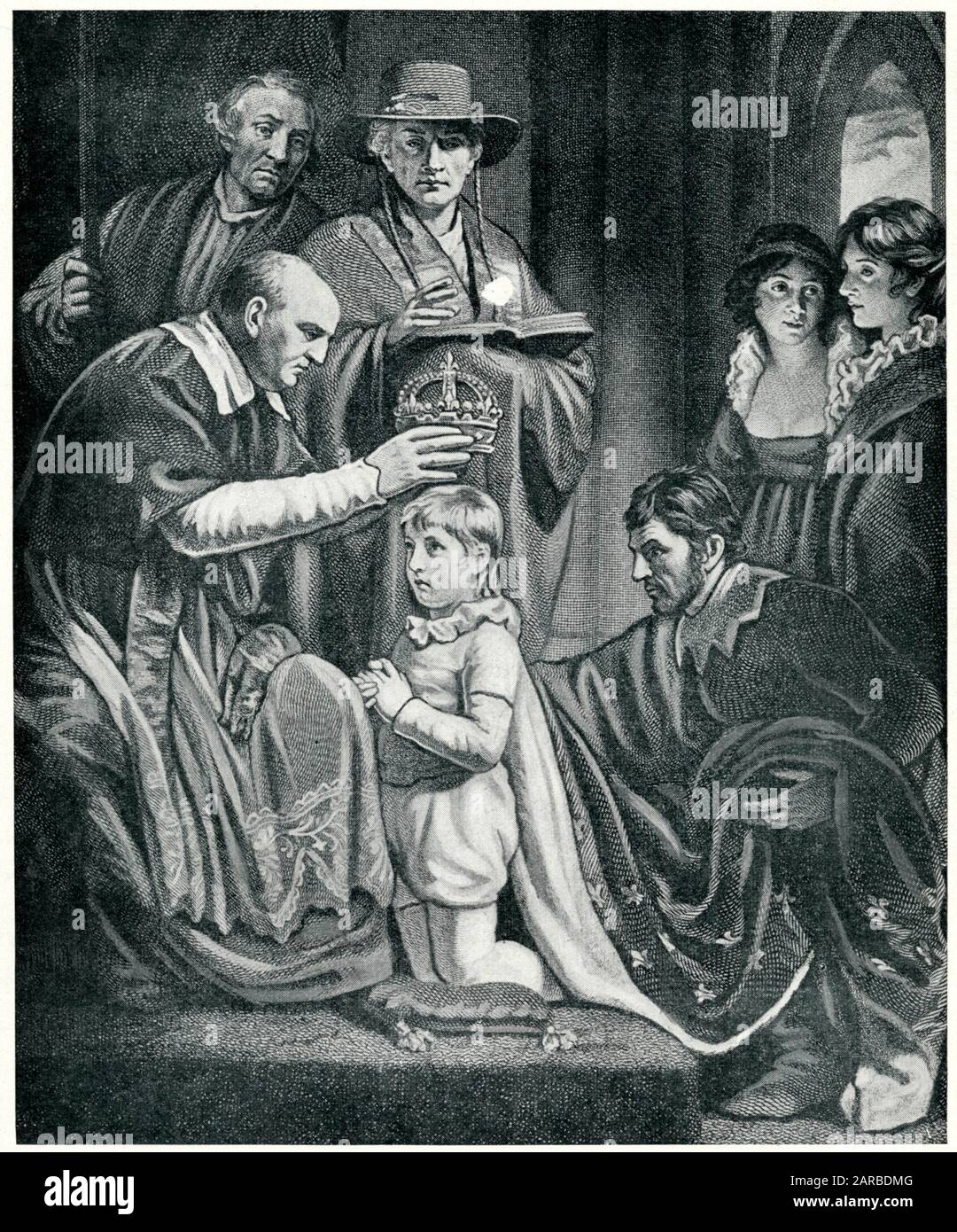 Coronation of King Henry VI of England as a boy of eight. He succeeded to the throne when he was less than one year old. He was also, for a time, the disputed King of France.      Date: 1429 Stock Photo