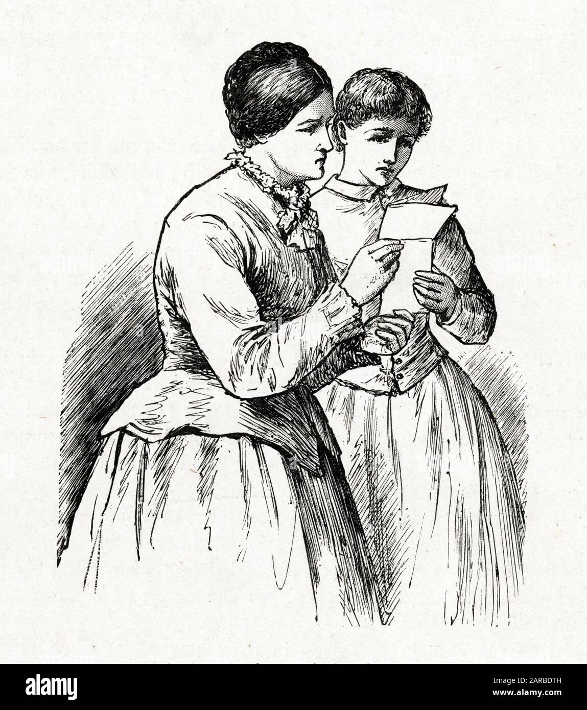 'Little Women' by Louisa May Alcott - Mrs March and Jo read a letter, purporting to be a love letter to Meg from John Brooke, but actually a practical joke and forgery. Stock Photo