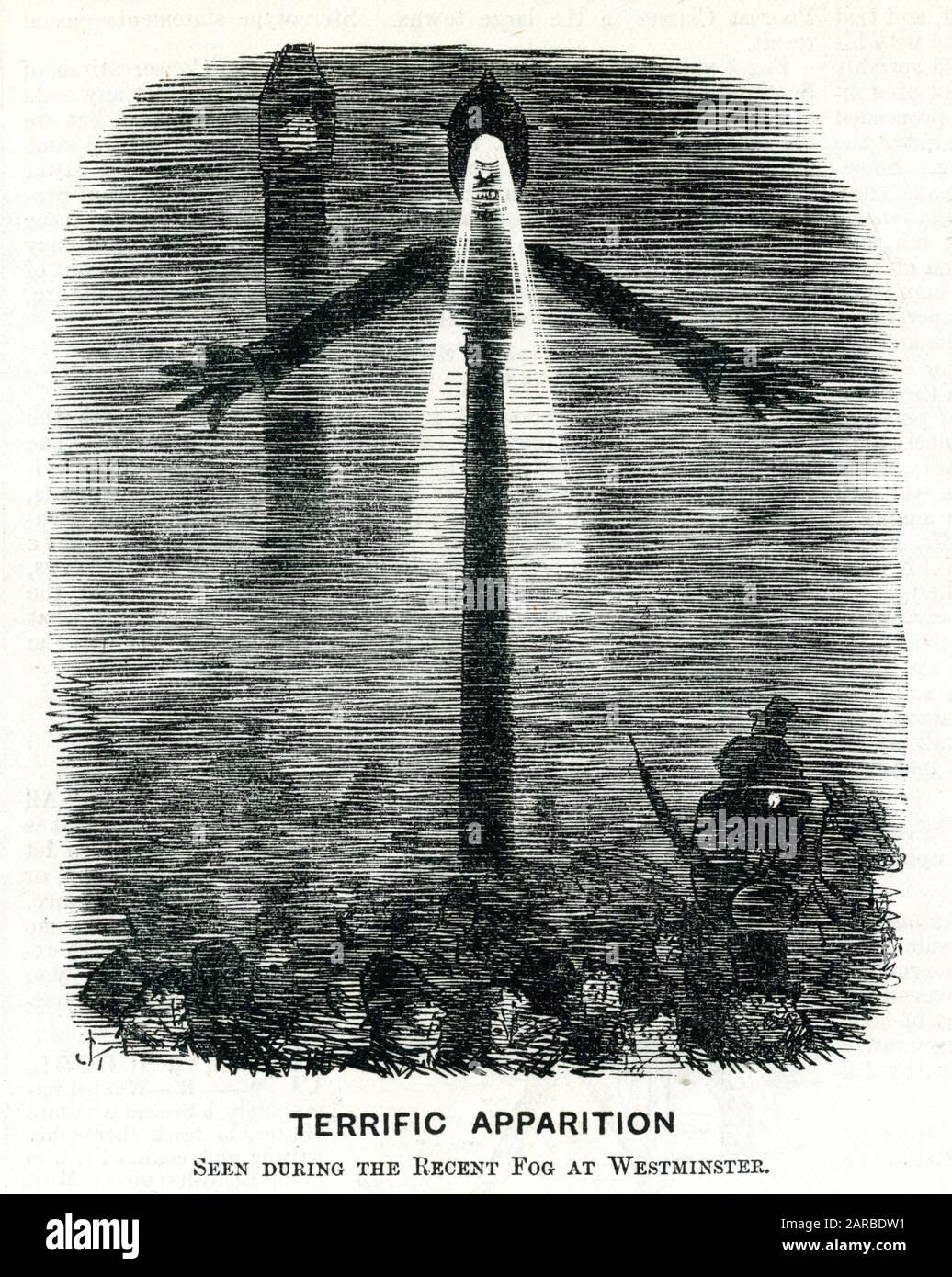 Cartoon, Terrific Apparition - Seen during the recent fog at Westminster. A satire on London's First Traffic Light. Invented by J P Knight, a railway signalling engineer, it was installed outside the Houses of Parliament in 1868 and looked like any railway signal of the time, with waving semaphore arms and red-green lamps, operated by gas, for night use. Unfortunately, it exploded as a result of a leak in one of the gas lines underneath the pavement, injuring the policeman operator. Stock Photo
