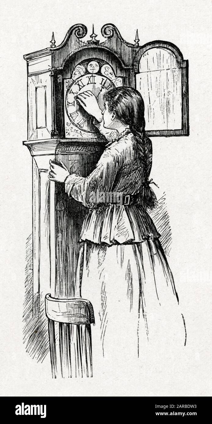 'Little Women' by Louisa May Alcott - Beth winding up the grandfather clock. Stock Photo