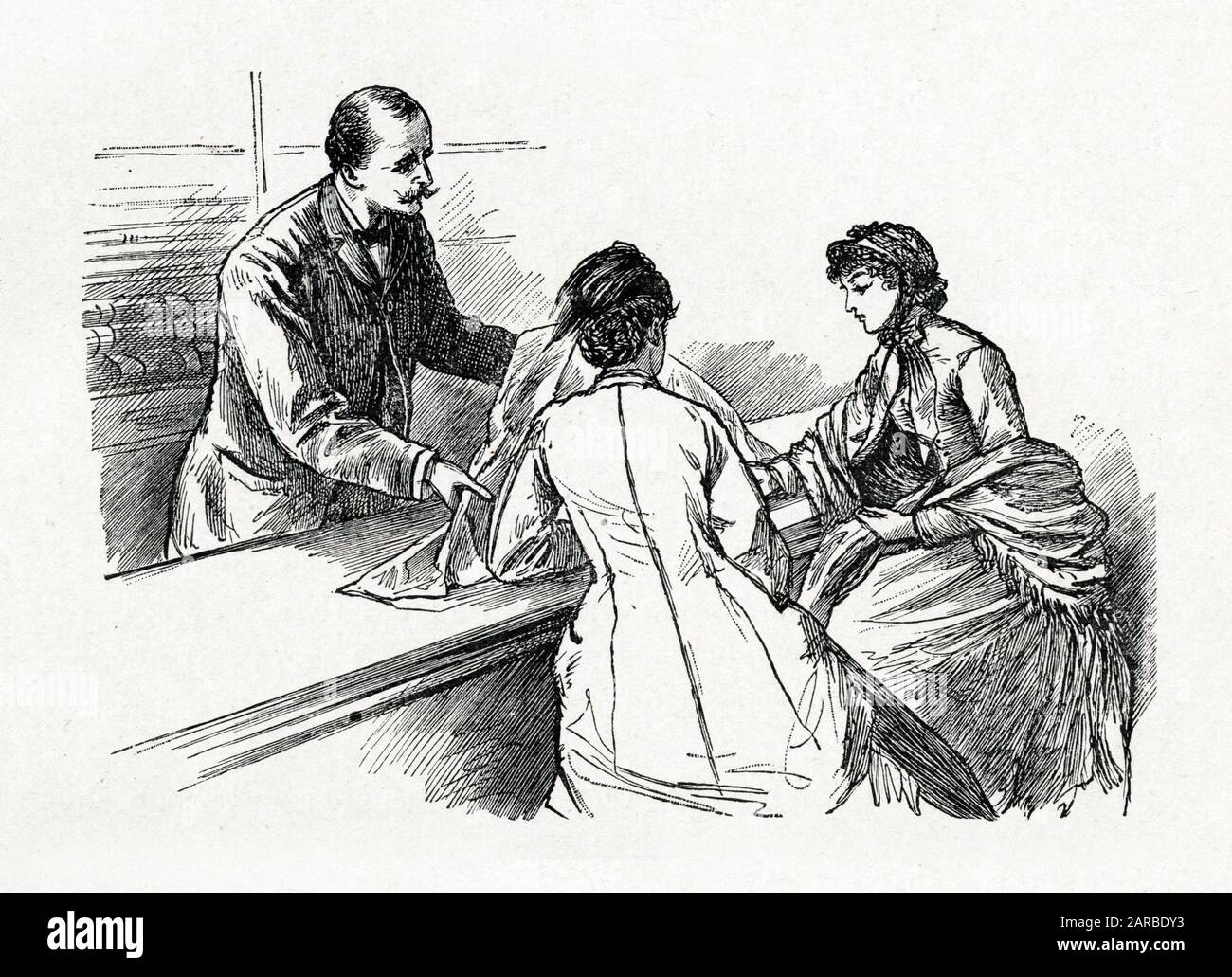 'Little Women' by Louisa May Alcott - Meg buying silk for a new dress, far beyond her household budget, encouraged by her friend Sallie.      Date: 1880 Stock Photo