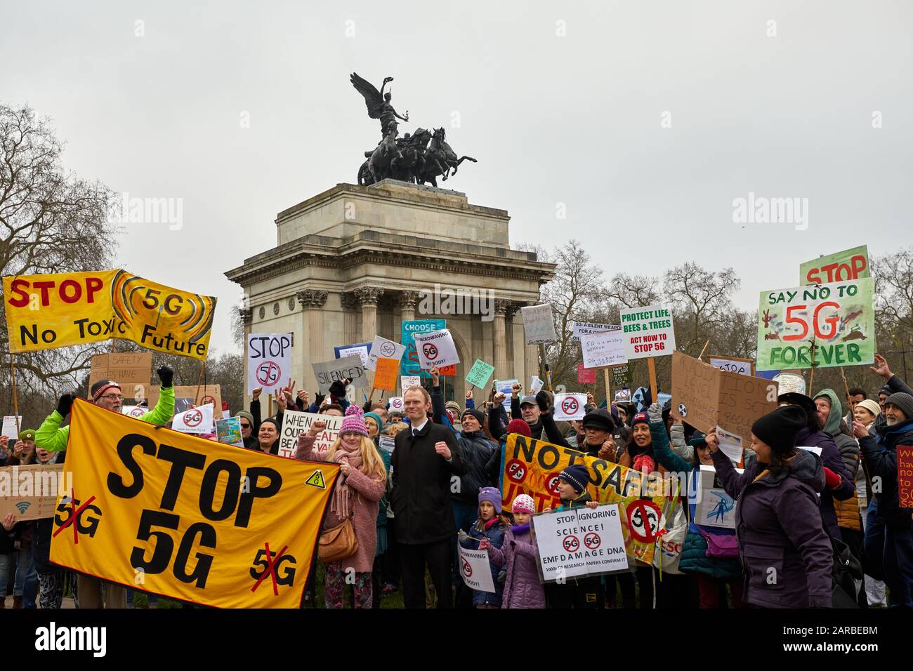 London, U.K. - Jan  25, 2020: Demonstrators gather at Hyde Park Corner calling for a halt to the introduction of 5G technology. Stock Photo