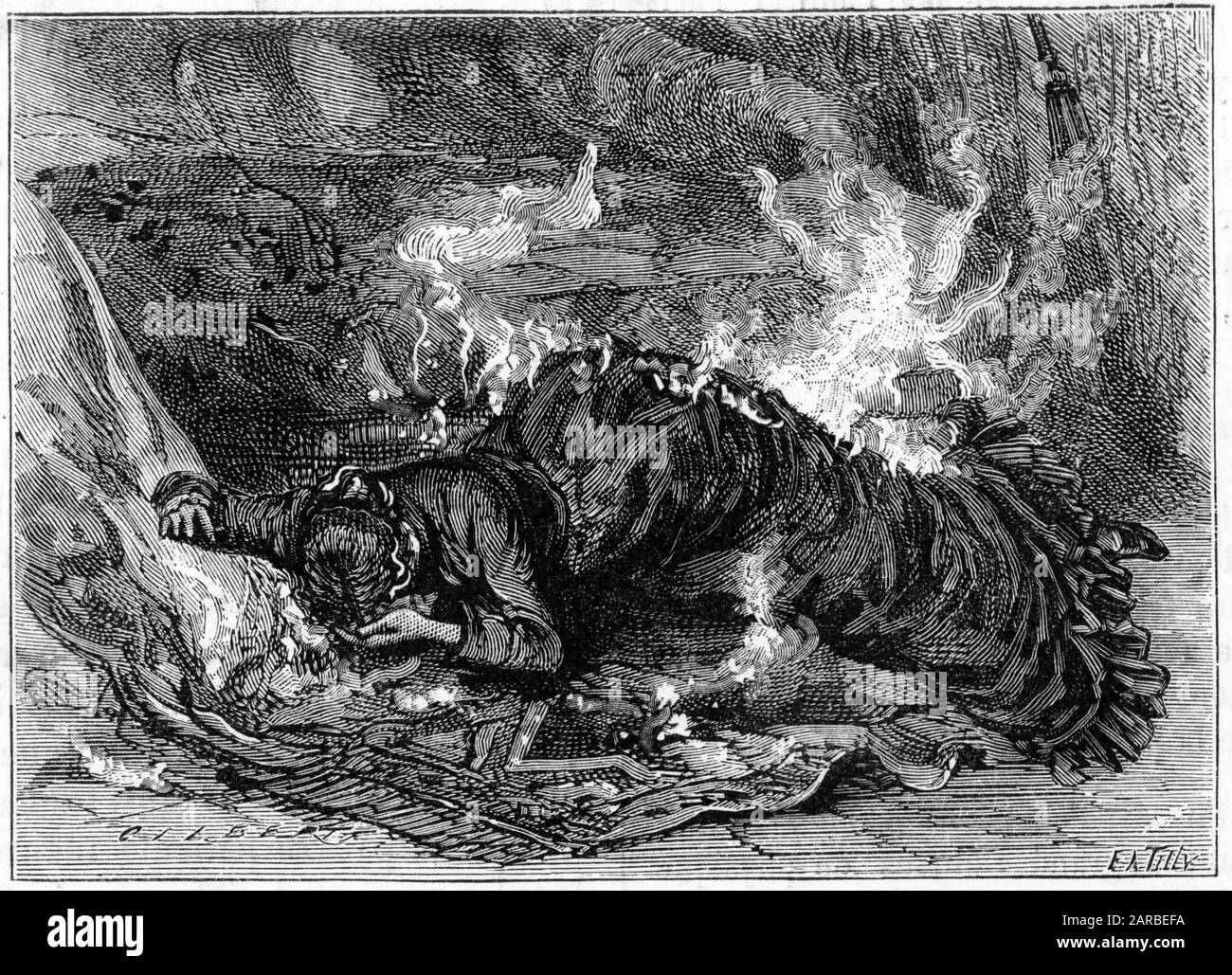 Figure 2 of 2. Terrible accident - Lady ablaze, her dress has caught fire and she has fallen to the ground unconscious. This illustration shows that if one lies down horizontally, when the fire has taken to her clothes, the flames, instead of surrounding the body, occur only superficially and with less intensity....     Date: 1886 Stock Photo