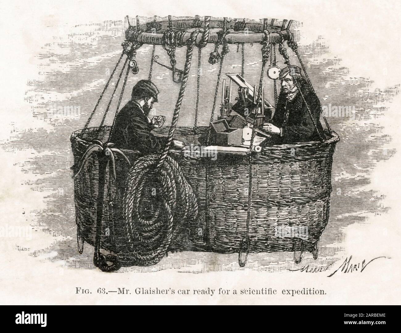 Aeronaut Henry Coxwell and meteorologist James Glaisher prepare the balloon car ready for one of their scientific observation expeditions.     Date: 17th July 1862 Stock Photo