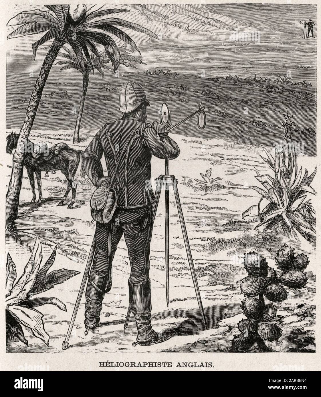 Heliograph used in the British army in Africa, probably during the Boer War (1899-1902). The heliograph is a wireless telegraph that signals by flashes of sunlight (generally using Morse code) reflected by a mirror.     Date: C.1900 Stock Photo