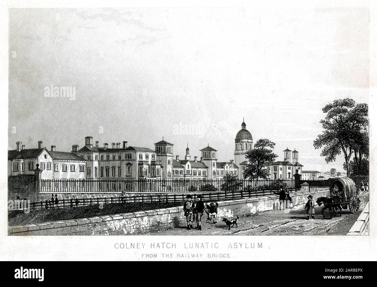 Middlesex Pauper Lunatic Asylum at Colney Hatch, near Friern Barnet, Middlesex (North London), seen from the railway bridge. The foundation stone was laid in 1849 by Prince Albert. The asylum later became known as Colney Hatch Mental Hospital and then as Friern Hospital. Stock Photo