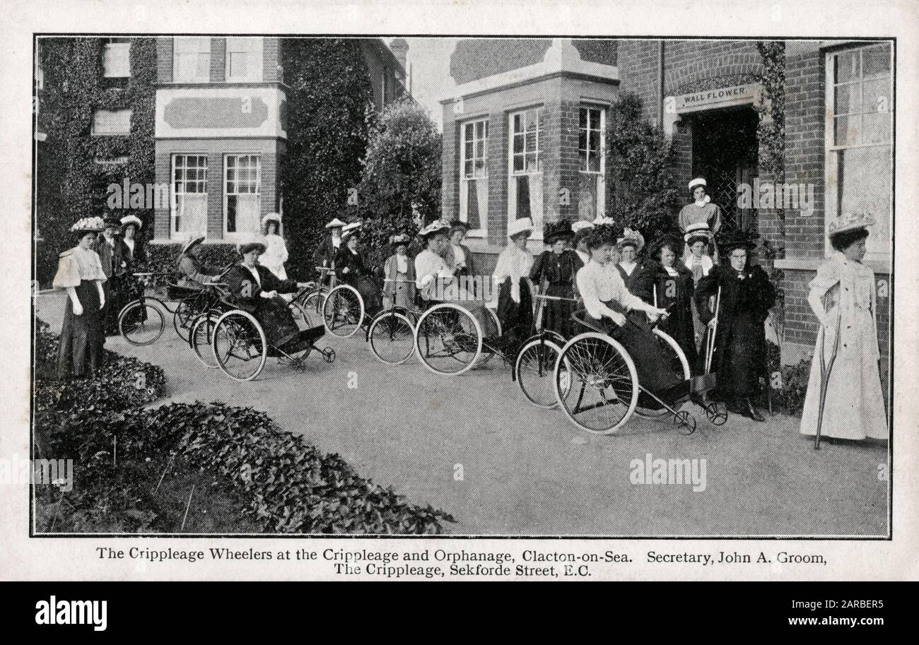 The Chippleage Wheelers at John A. Groom's Crippleage and Orphanage, Clacton-on-Sea, Essex. Groom, a London engraver and evangelical preacher, was concerned for poor and often disabled flower-sellers and in 1866 set up the Watercress and Flower Girls? Christian Mission, later based at Hendon and Clacton.     Date: circa 1908 Stock Photo