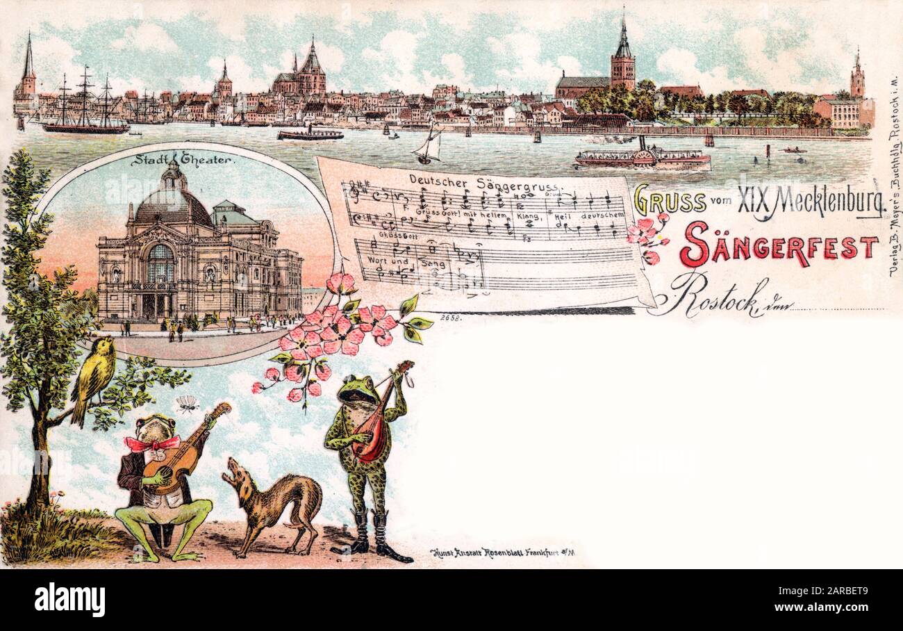 Commemorative card produced for the Sangerfest (Song Festival) held at Rostock, Germany - in the German federal state of Mecklenburg-Western Pomerania - and decorated with notable sights of the city including the Town Theatre (Stadt Theater) and some busking frogs...     Date: 1897 Stock Photo