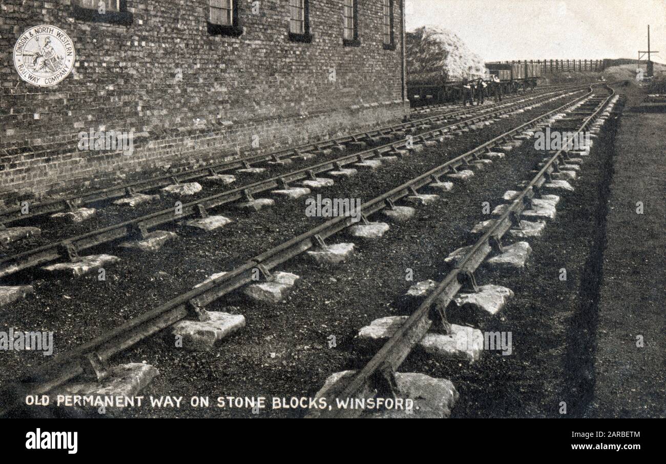 Bullhead rail on stone sleepers at Over & Wharton (Winsford, Cheshire) on the LNWR. Possibly a re-use of redundant tramway blocks?     Date: 1905 Stock Photo