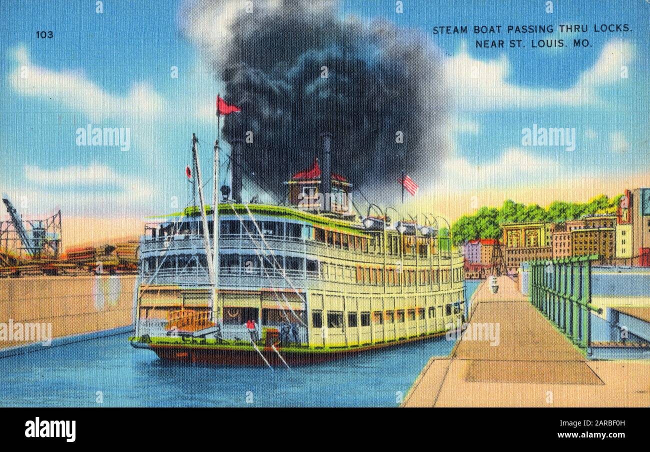 Steamboat passing through lock near St. Louis. Missouri, USA     Date: circa 1910s Stock Photo