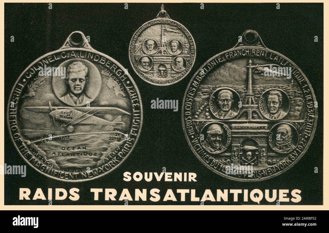 Souvenir Medal/Medallion to the pioneers of Transatlantic Flight - both those who lost their lives and then (finally) the one (Lindbergh) who succeeded.     Date: circa 1927 Stock Photo