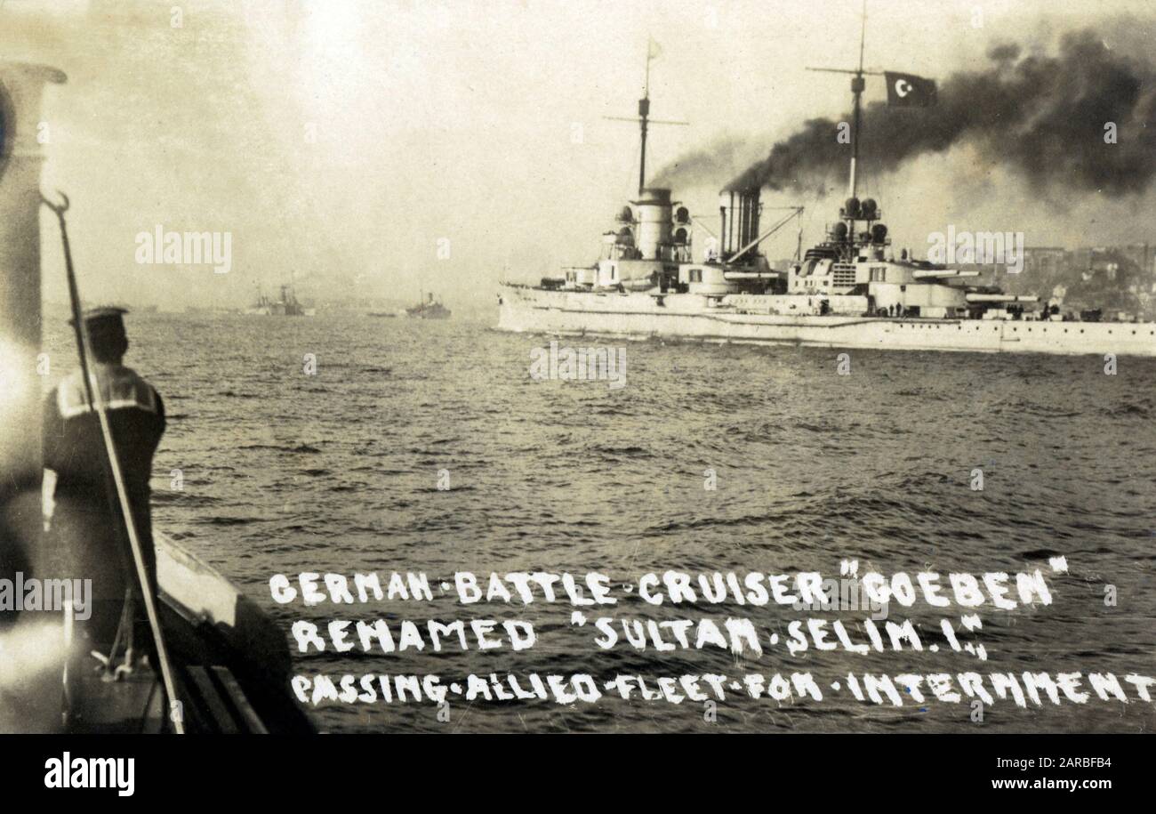 WW1 - Bosphorus, Istanbul, Turkey - The German Battlecruiser 'Goeben' renamed 'Sultan Selim I' - passing the Allied fleet for internment after capture/surrender.     Date: 1916 Stock Photo