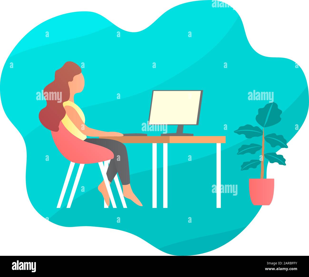 Beautiful girl sitting at a comfortable table in front of a computer screen. Near a pot with a houseplant. Vector flat illustration with blue backgrou Stock Vector