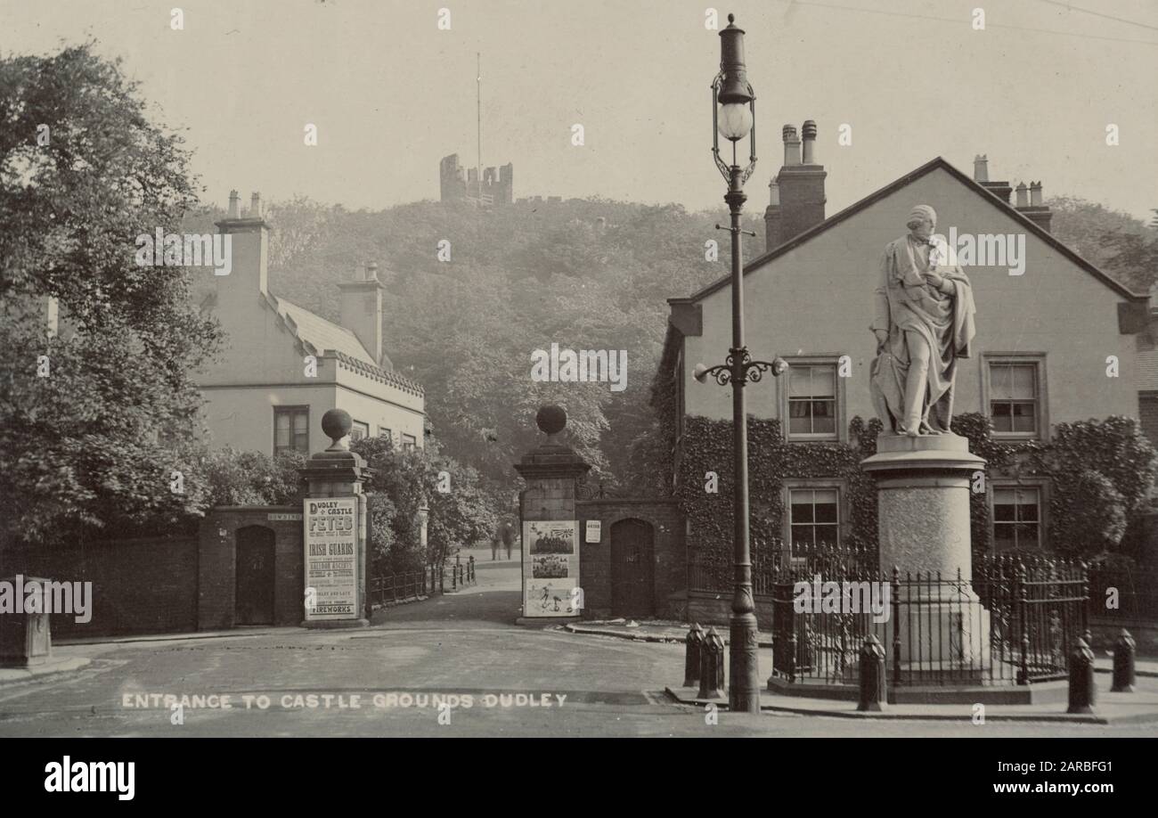 Entrance to Castle grounds, Dudley, West Midlands, with a statue of