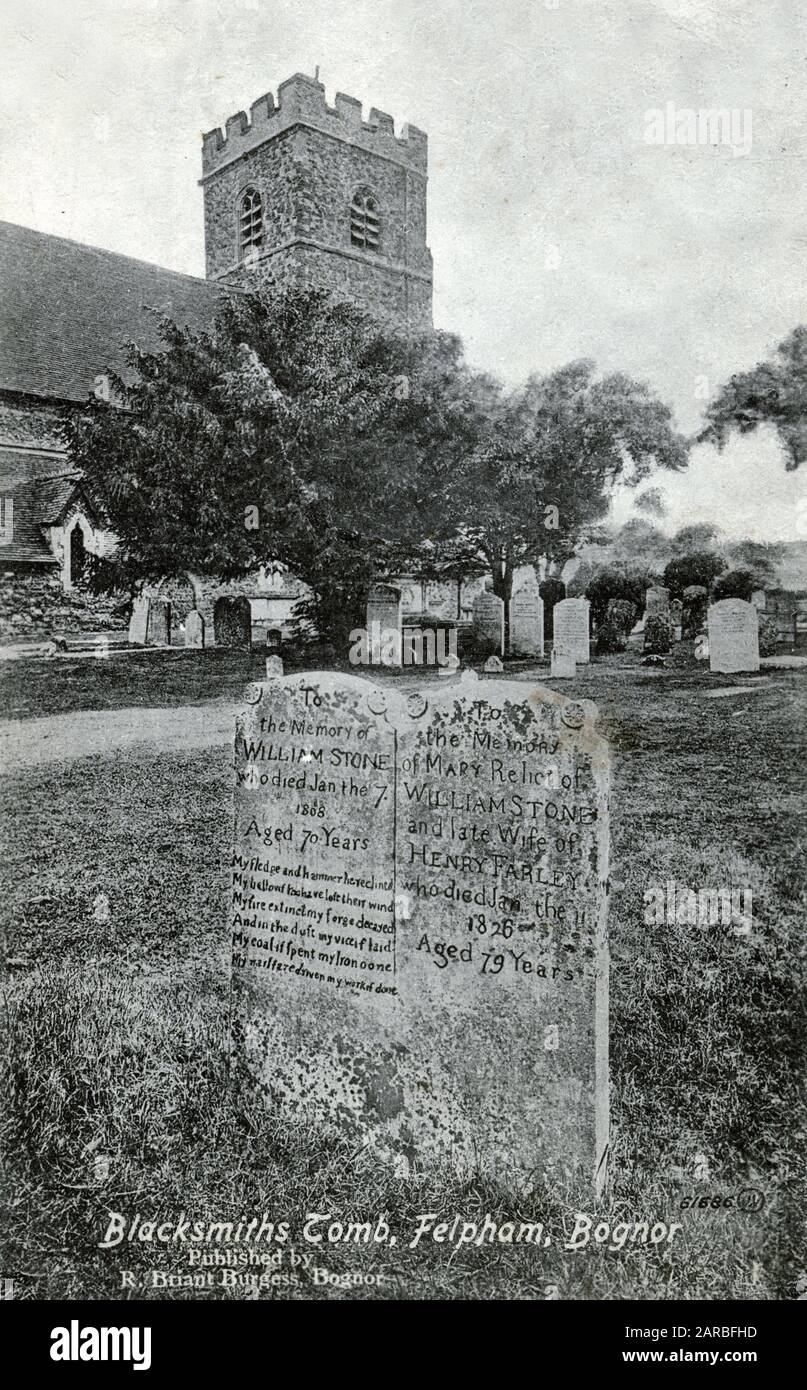 St Mary's Church, Felpham, near Bognor Regis, West Sussex, showing the headstones of the blacksmith William Stone and his wife Mary. Stock Photo