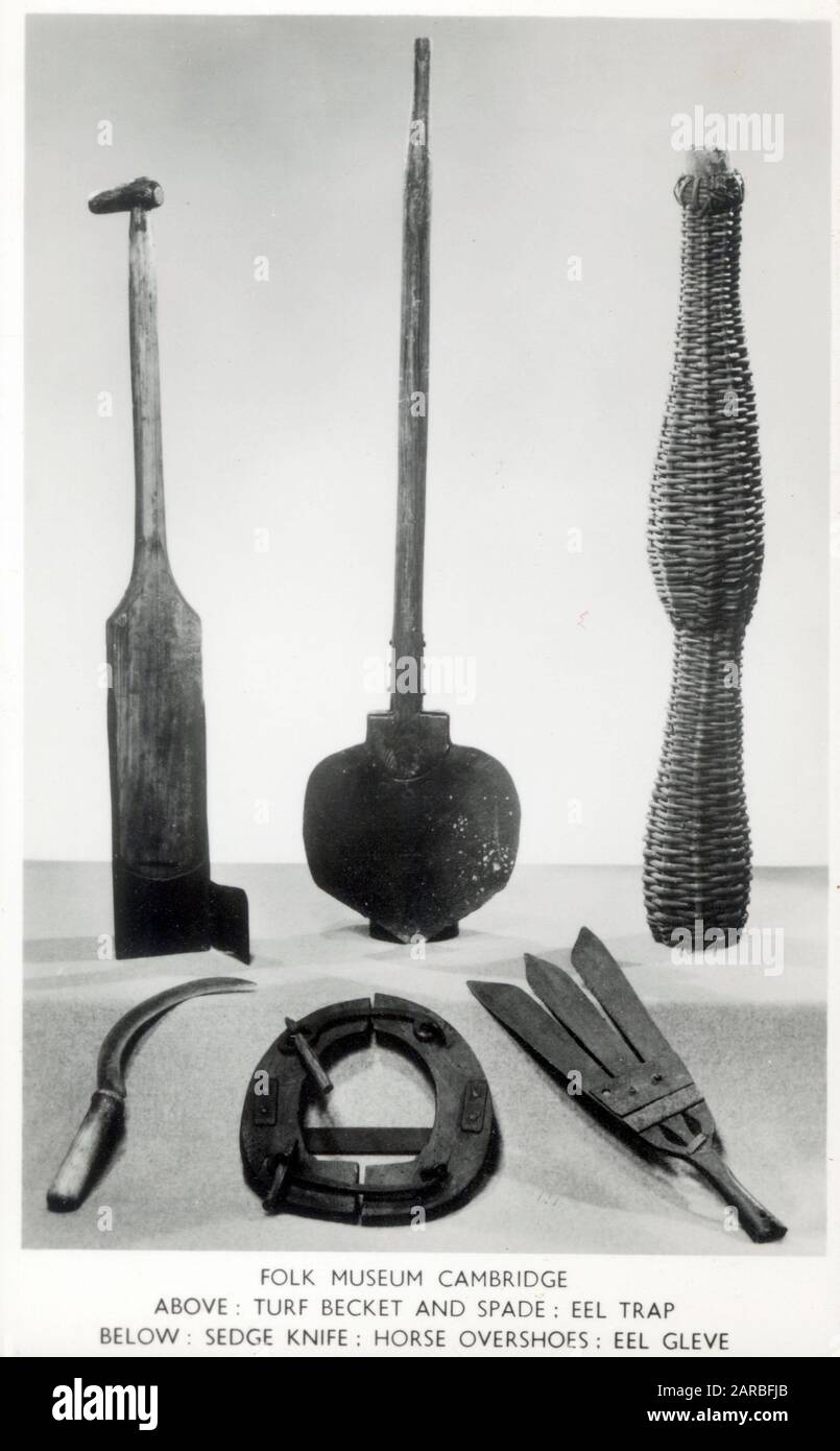 Items from the Folk Museum, Cambridge: Clockwise from top left, a Turf Becket and spade, an eel trap, and eel gleve, horse overshoes and a sedge knife. Stock Photo