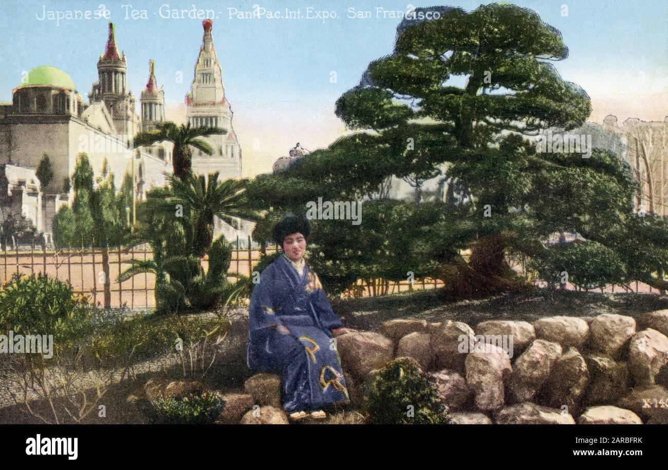 Panama Pacific International Exposition, San Francisco - The Japanese Tea Garden and occupant (!).     Date: 1915 Stock Photo