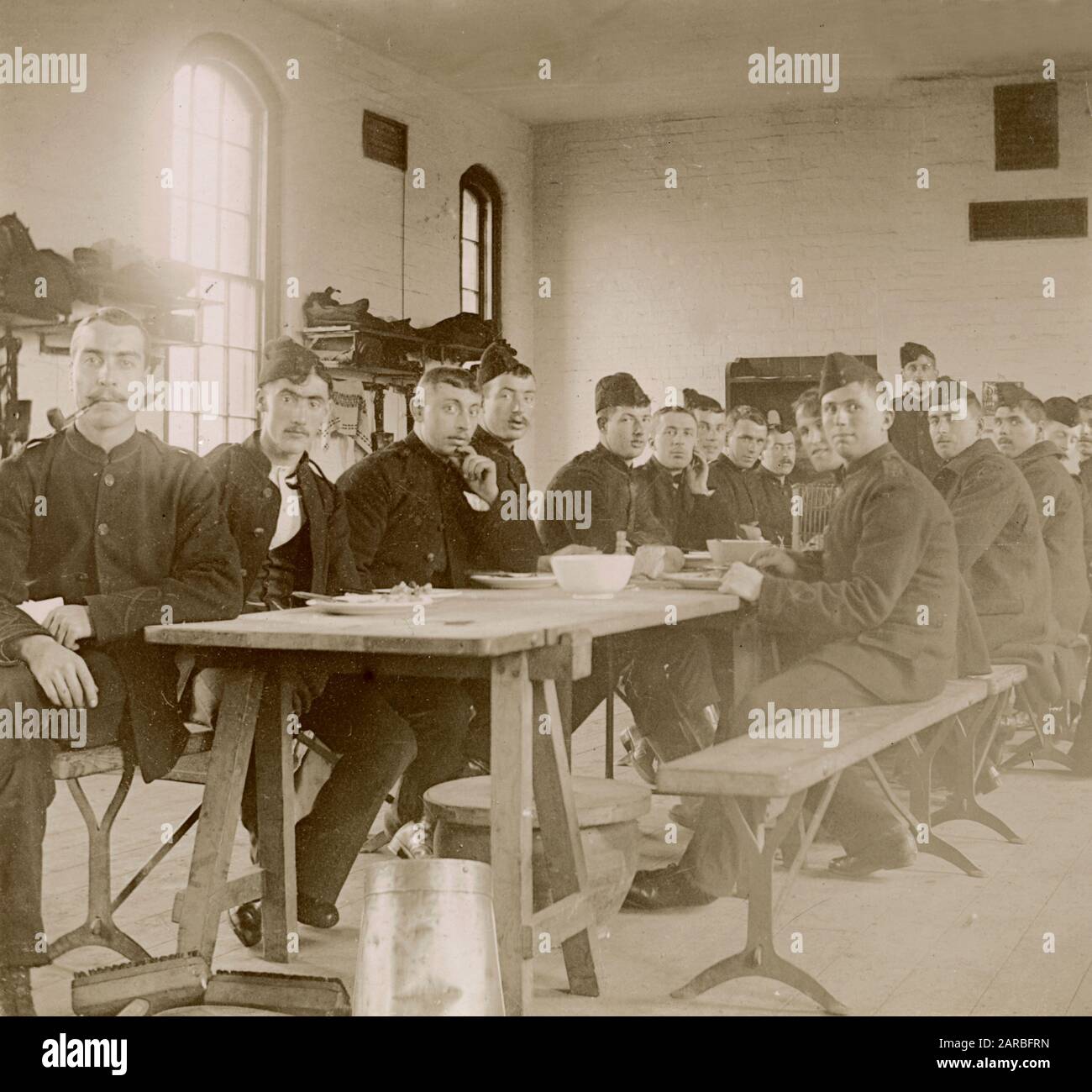 Soldiers in mess hall of army barracks, South Africa. Stock Photo