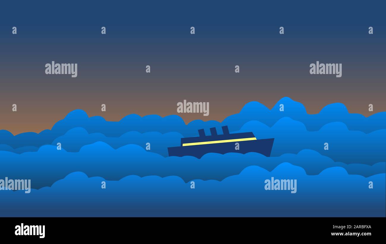 The passenger ship sails on raging sea waves against a dark sky. Vector ...