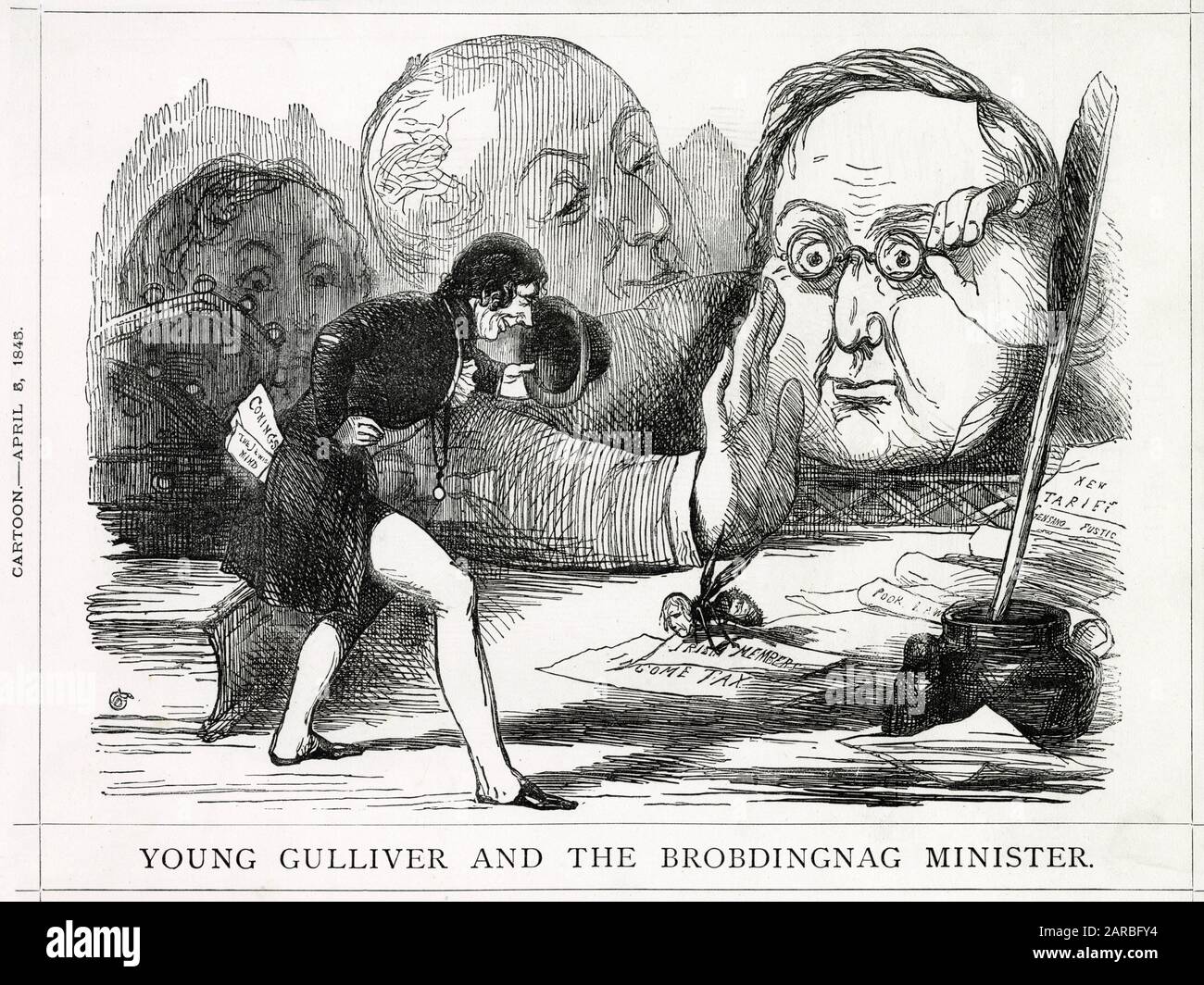 Cartoon, Young Gulliver and the Brobdingnag Minister -- a satirical comment on Benjamin Disraeli's constant attacks on Sir Robert Peel during the latter's time as Prime Minister, with a reference to Gulliver's Travels by Jonathan Swift. Stock Photo