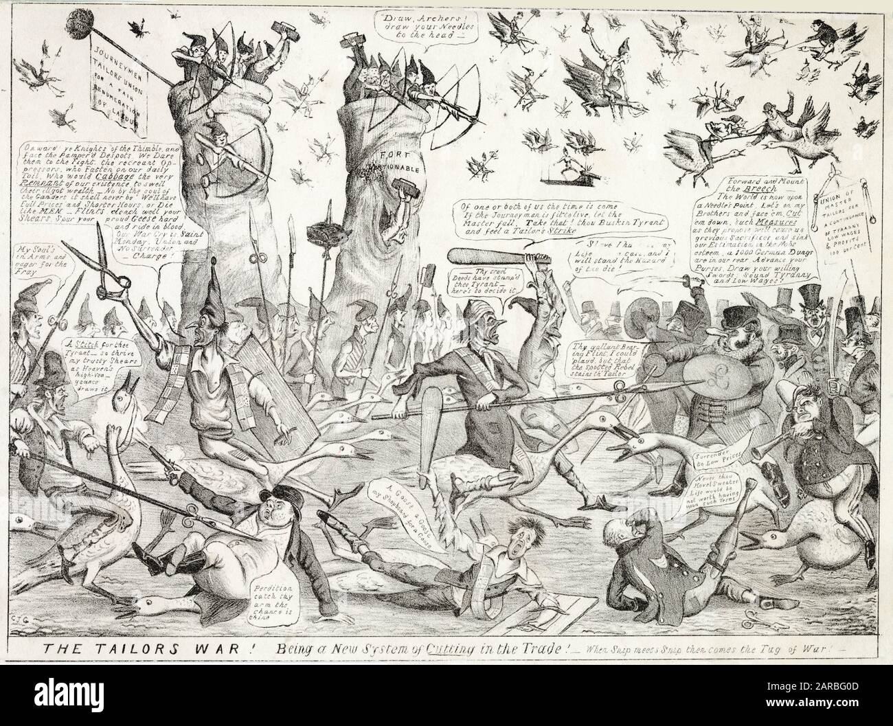 Cartoon, The Tailors War! Being a New System of Cutting in the Trade! - When Snip meets Snip then comes the Tug of War.  A satirical comment on unionism in the clothing trade, amid concerns about the influx of unskilled labour.      Date: circa 1834 Stock Photo