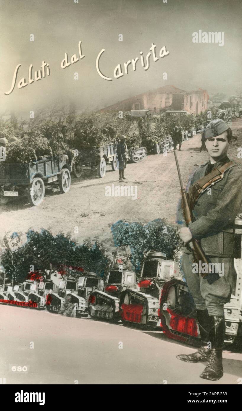 Italian Propaganda postcard - Invasion of Albania by Italian Tank Regiment (this card is celebrating the brave tank drivers) 7-12 April 1939. The conflict was a result of the imperialist policies of Italian dictator Benito Mussolini. Albania was rapidly overrun, its ruler, King Zog I, forced into exile, and the country made part of the Italian Empire as a protectorate in personal union with the Italian crown. Stock Photo