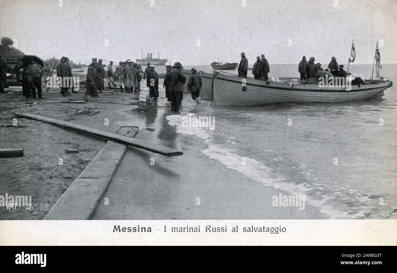 Russian Navy lends aid after the terrible Messina Earthquake, Sicily, Italy. The devastating earthquake and tsunami of 27-28th December 1908 which measured 7.5 on the richter scale claimed 100,000-200,000 lives in all. In Messina, 91% of structures were destroyed and 70,000 residents were killed. Stock Photo