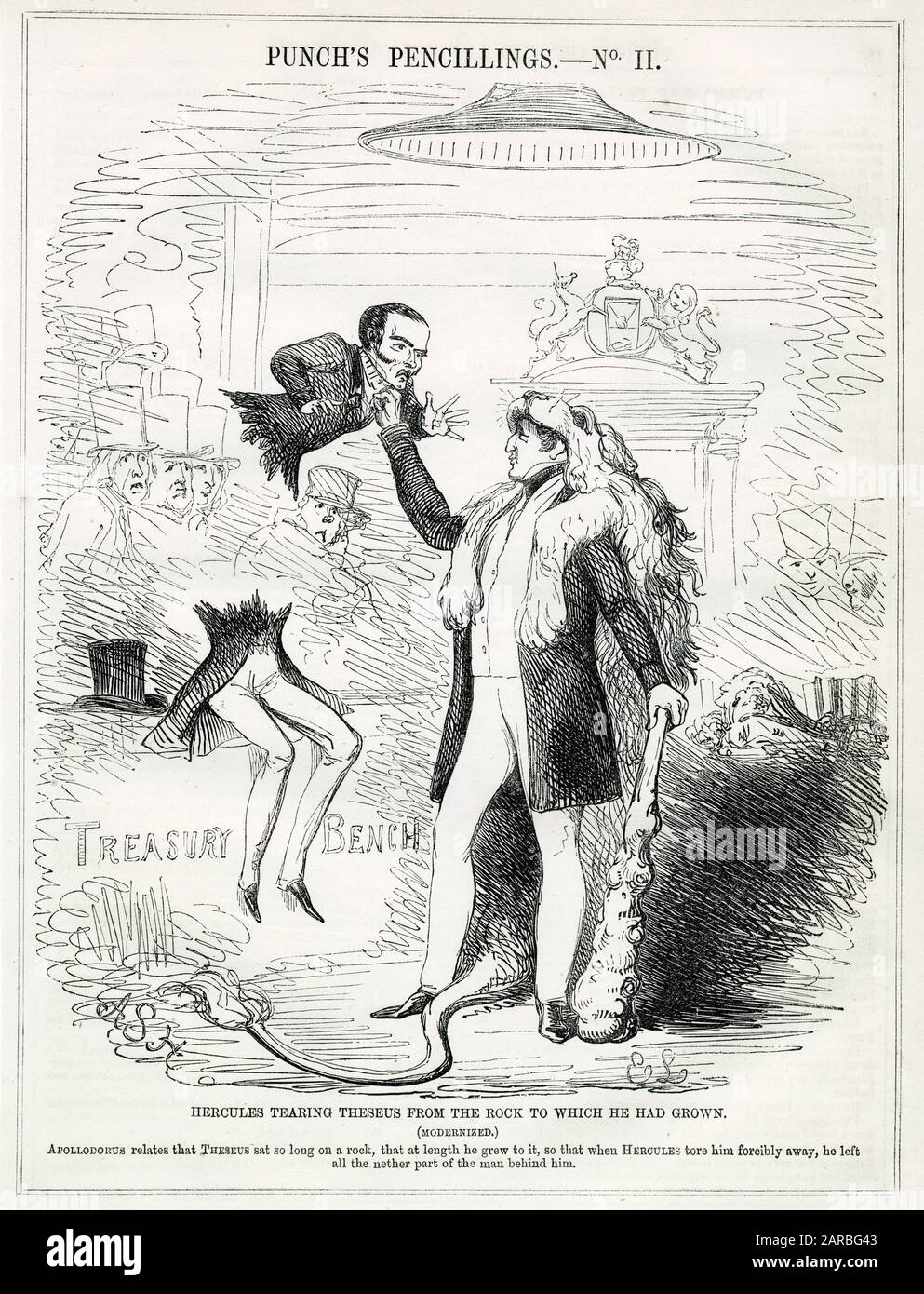 1841 Punch Cartoon 2 Hercules Tearing Theseus from the Treasury Bench 