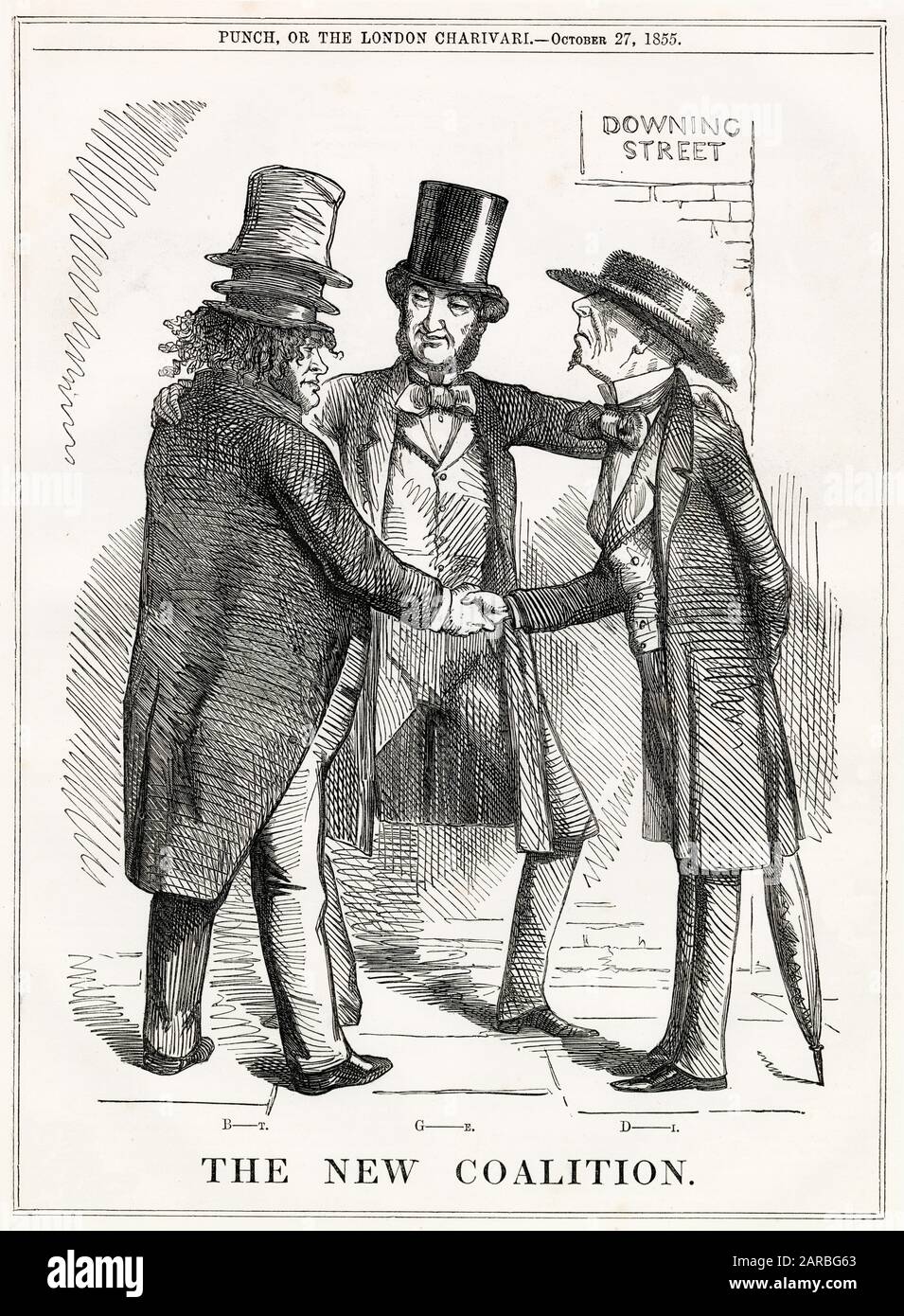 Cartoon, The New Coalition -- a satirical comment on the unlikely collaboration of John Bright, William Gladstone and Benjamin Disraeli, uniting (for their own different reasons) in opposition to Palmerston's government. Stock Photo