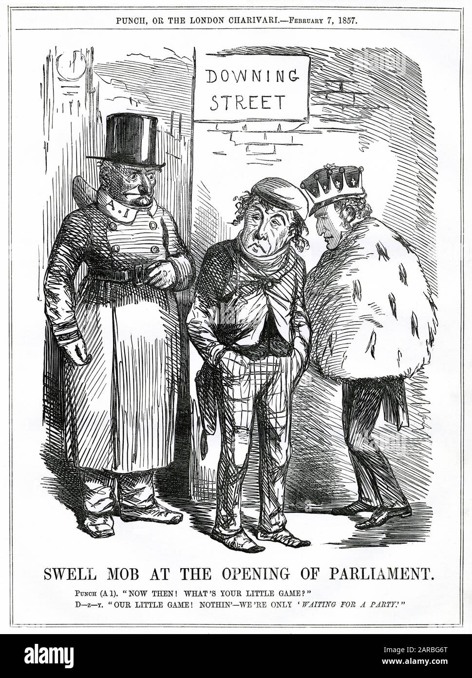 Cartoon, Swell Mob at the Opening of Parliament -- satirical comment on Conservative MPs such as Benjamin Disraeli and Lord Derby, 'waiting for a party', in other words hoping to attract members of the Peelite faction to strengthen their ranks. Their rival, Lord Palmerston, had just won a general election for the Whig party. Stock Photo