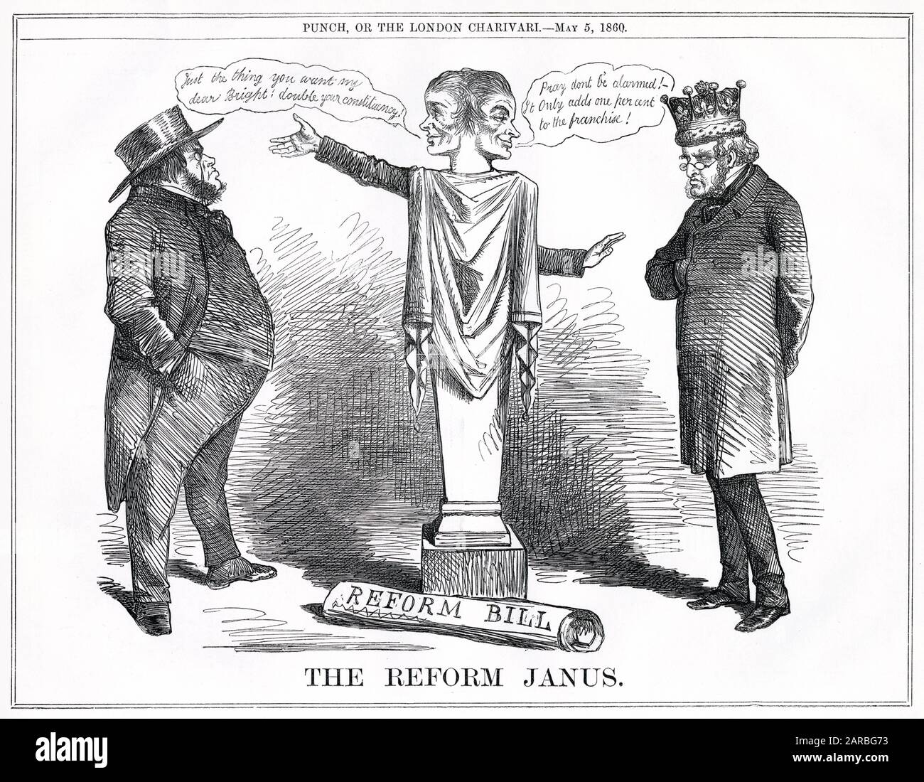 Cartoon, The Reform Janus -- a satirical comment on Lord John Russell's ideas for political reform, in which he attempts to keep both parties happy. He tells John Bright (Liberal) that it will double his constituency, and reassures Lord Derby (Conservative) that it will only add one per cent to the franchise. The result was, that nobody was happy, and Russell's Reform Bill failed. Stock Photo