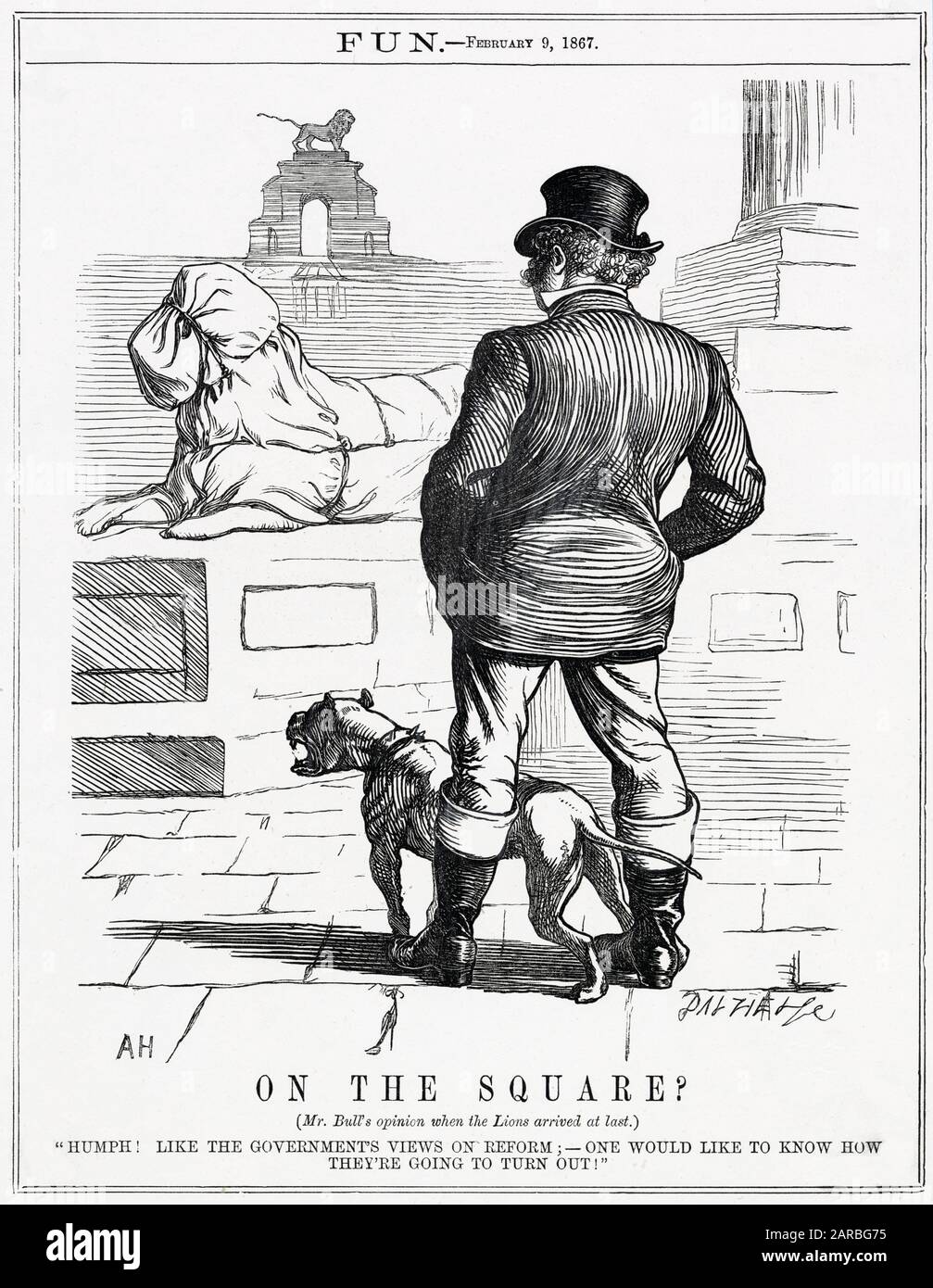 Cartoon, On The Square?  John Bull in Trafalgar Square, London, looking at a lion sculpture which hasn't yet been unveiled, and wondering how it will turn out (very much like the Government's views on electoral reform). Stock Photo