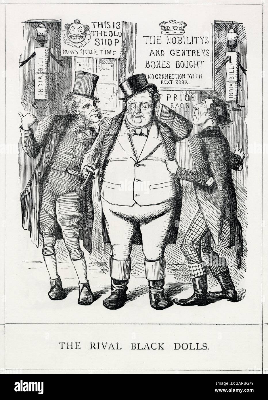 Cartoon, The Rival Black Dolls, showing the former Liberal Prime Minister, Palmerston (left), and the current Conservative MP Benjamin Disraeli (right) in Lord Derby's government, depicted as rival shopkeepers. They had both been involved in promoting two separate India Bills, designed to transfer power from the British East India Company to the Crown, in response to the Indian Rebellion (Mutiny) of the previous year. The Conservative-supported Bill was passed on 2 August 1858. Stock Photo