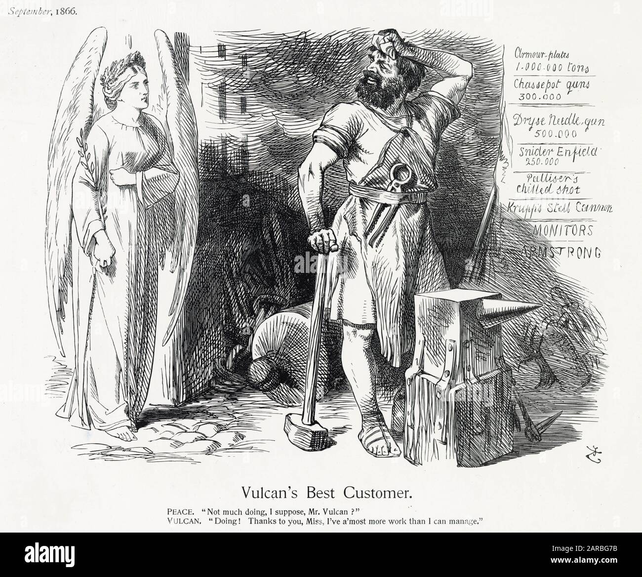 Cartoon, Vulcan's Best Customer -- the angel of Peace asks the blacksmith Vulcan if he's very busy. A list of weapons to be produced is written up on the wall on the right. A comment on rearmament activities, seen here to be a way of avoiding war, rather than promoting it. Stock Photo