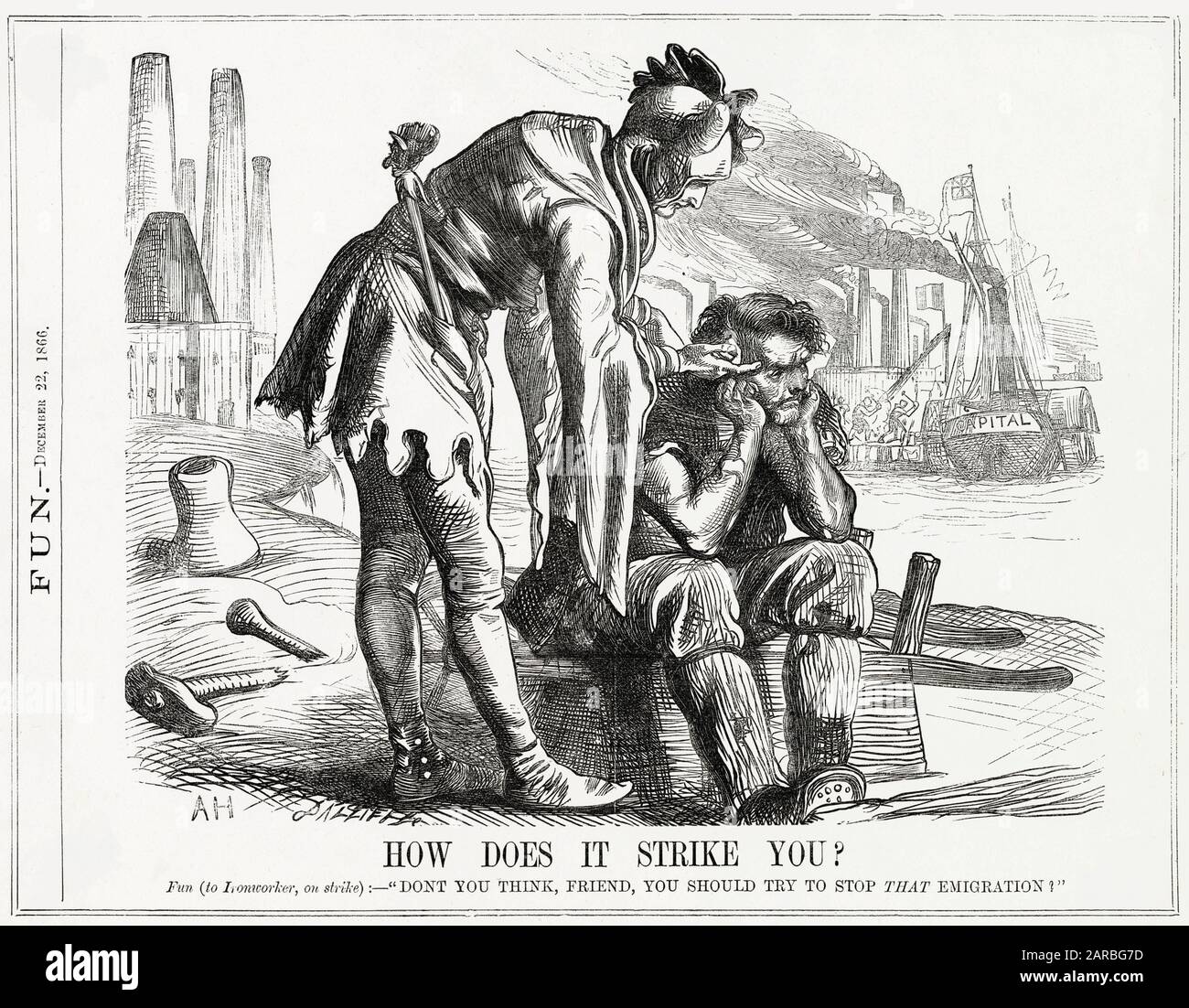 Cartoon, How Does It Strike You?  A jester, representing Fun, asks a grumpy striking ironworker how he feels about a ship named Capital leaving the nation's shores. Stock Photo