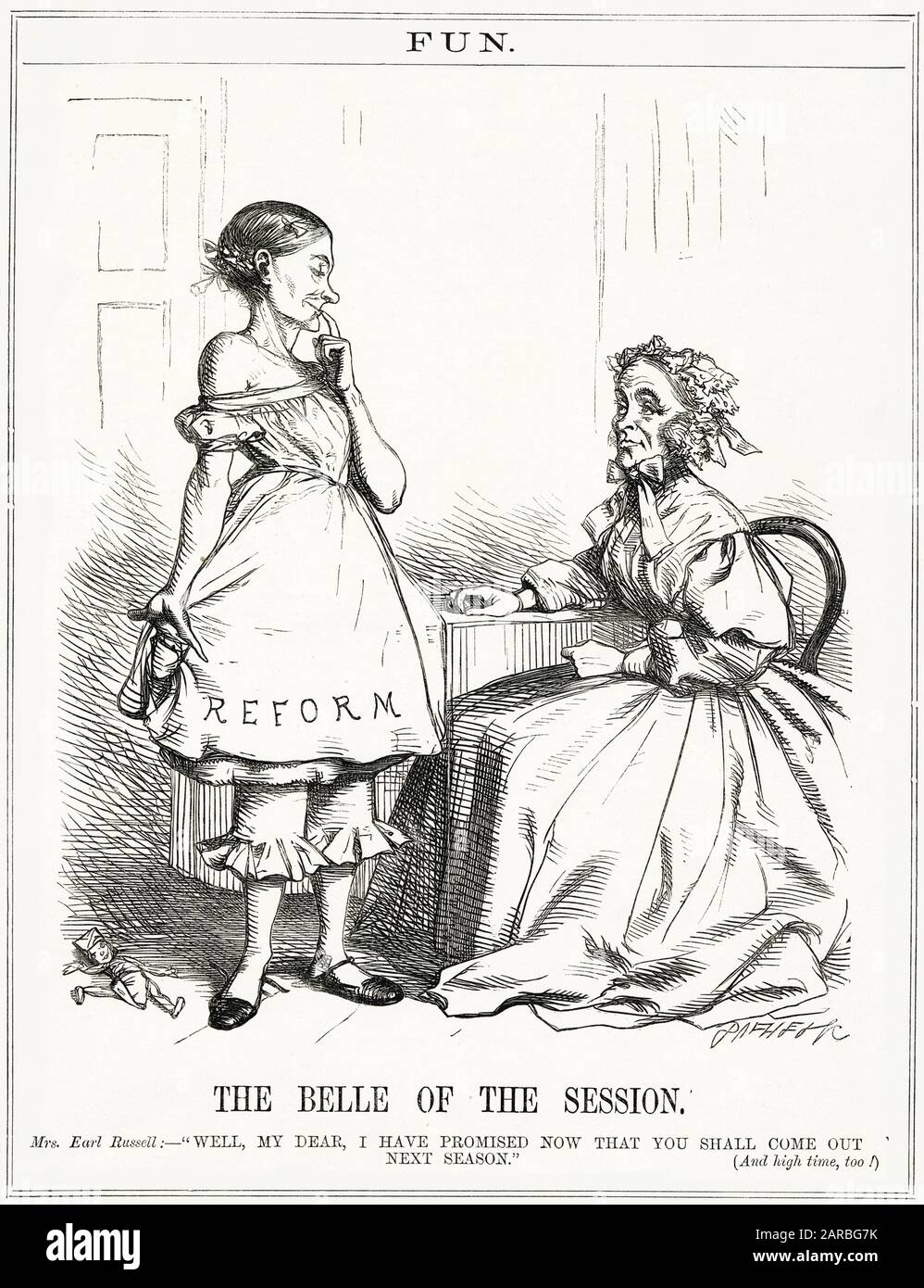 Cartoon, The Belle of the Season -- a satirical comment on Lord John Russell's promise that reform measures will be taken in the next parliamentary session. However, his idea of reform is shown to be rather unappealing, and a working man toy discarded on the floor does not bode well for an extension of the franchise in that direction. Stock Photo