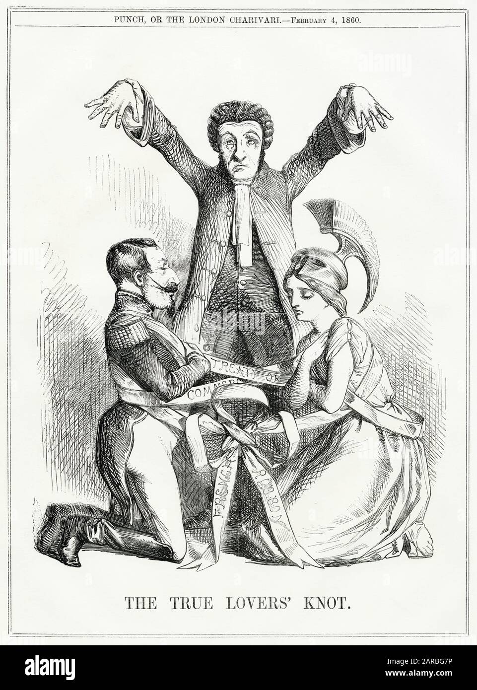 Cartoon, The True Lovers' Knot -- a satirical comment on a free trade treaty (the Cobden-Chevalier Treaty, signed on 23 January 1860) between Britain and France, showing Britannia and the French Emperor, Napoleon III, kneeling, with the MP Richard Cobden standing over them, officiating as minister. The treaty has been described as the first modern trade agreement.      Date: 1860 Stock Photo