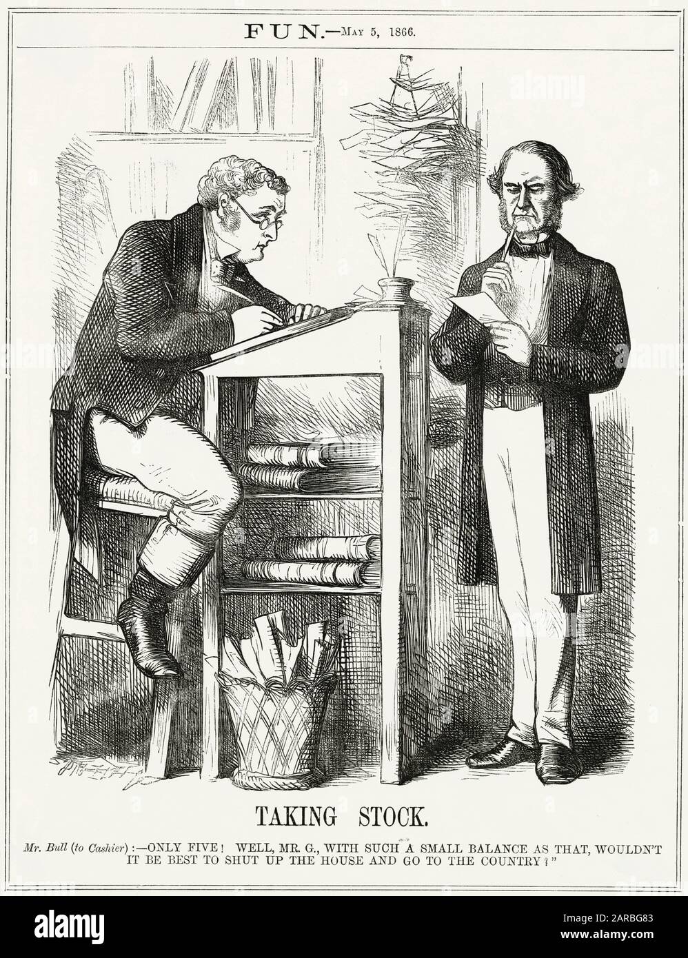 Cartoon, Taking Stock -- a comment on Gladstone's careful work as Chancellor of the Exchequer, resulting in a healthy economy. John Bull suggests that it would be good timing to hold a General Election. Date: 1866 Stock Photo