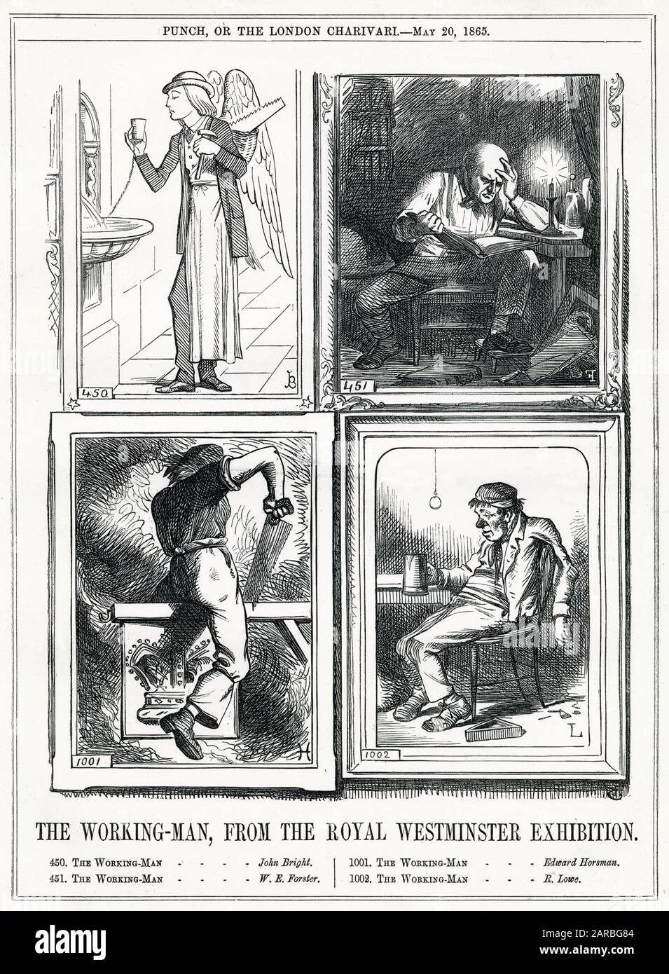 Cartoon, The Working-Man, from the Royal Westminster Exhibition. A satire on the Royal Academy Exhibition, where many paintings depicted working men. The four spoof portraits here imagine how four different politicians would portray the working man -- for John Bright he is pure and angelic, for Edward Horsman he is a threat, both to the monarchy and to himself, for W E Forster he is a studious self-improver, and for Robert Lowe he is a passive drunkard. Stock Photo