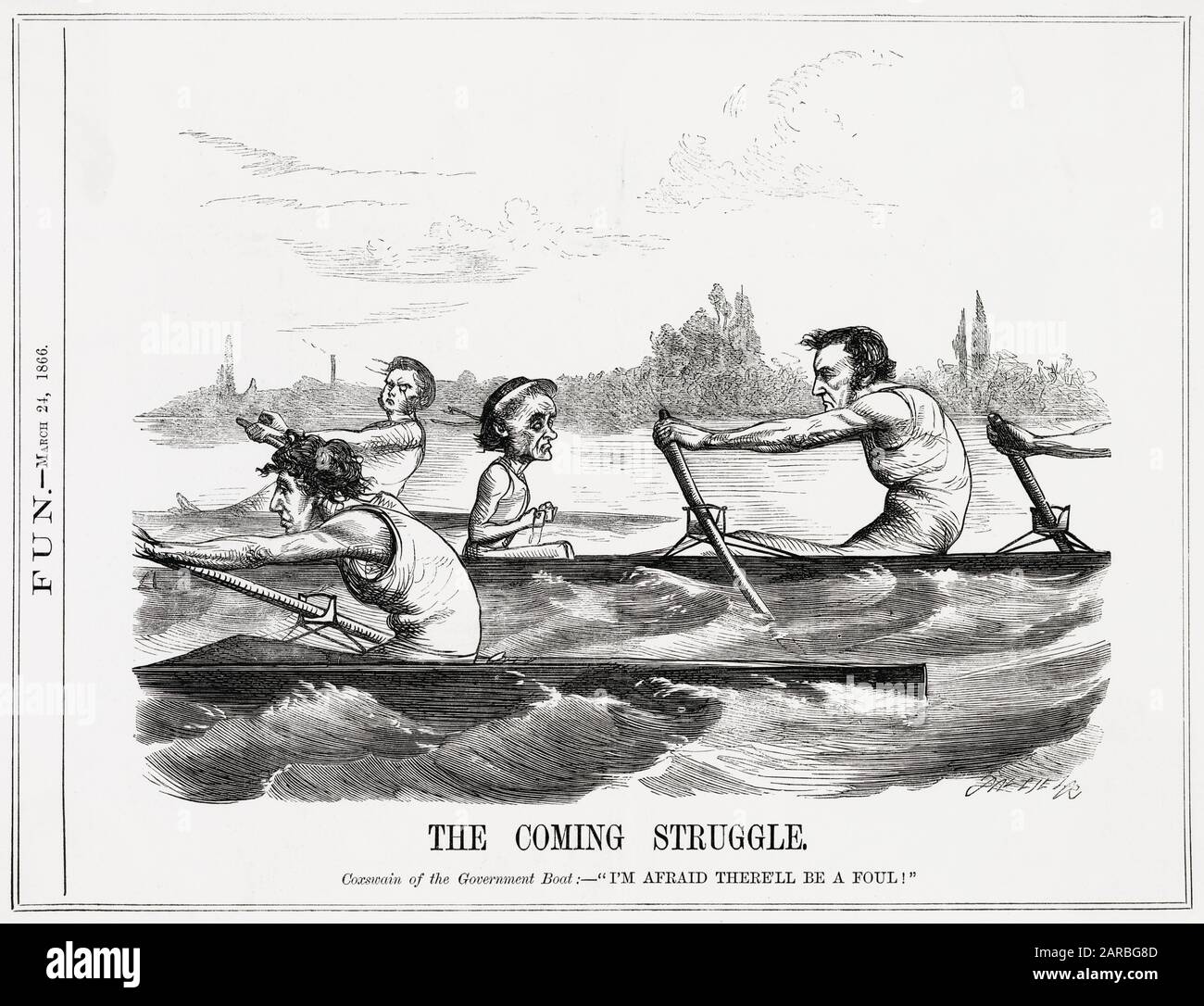 Cartoon, The Coming Struggle -- using the Boat Race as an analogy for politics, Disraeli and Gladstone are depicted as rowers in competing boats, with the radical MP John Bright in a separate boat in the background. Lord John Russell is with Gladstone as the Coxswain of the Government (Liberal) boat. The main issue being debated at the time was electoral reform. Stock Photo