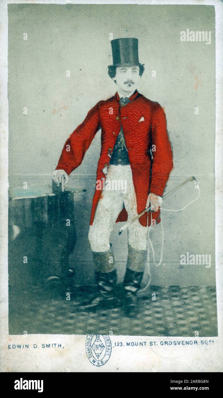 British Huntsman on a small-format Carte de visite (Portrait carte-de-visite, CdV) - an an albumen print to which a thin paper photograph was mounted onto a thicker paper card. Stock Photo
