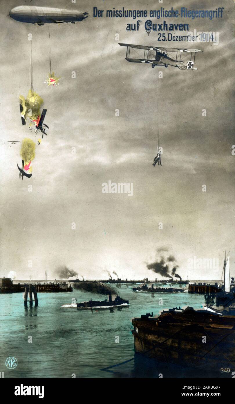 WW1 - A German propaganda view (unlike this image, the crews of all seven aircraft survived the raid!) of the aerial and naval combat at Cuxhaven, a German North Sea Port. During the First World War. Nordholz Airbase with its airship hangars, near Nordholz to the south of Cuxhaven, was one of the major German naval airship stations. On Christmas Day 1914 it was attacked by Royal Navy seaplanes in the Cuxhaven Raid as depicted here. Date: 1914 Stock Photo