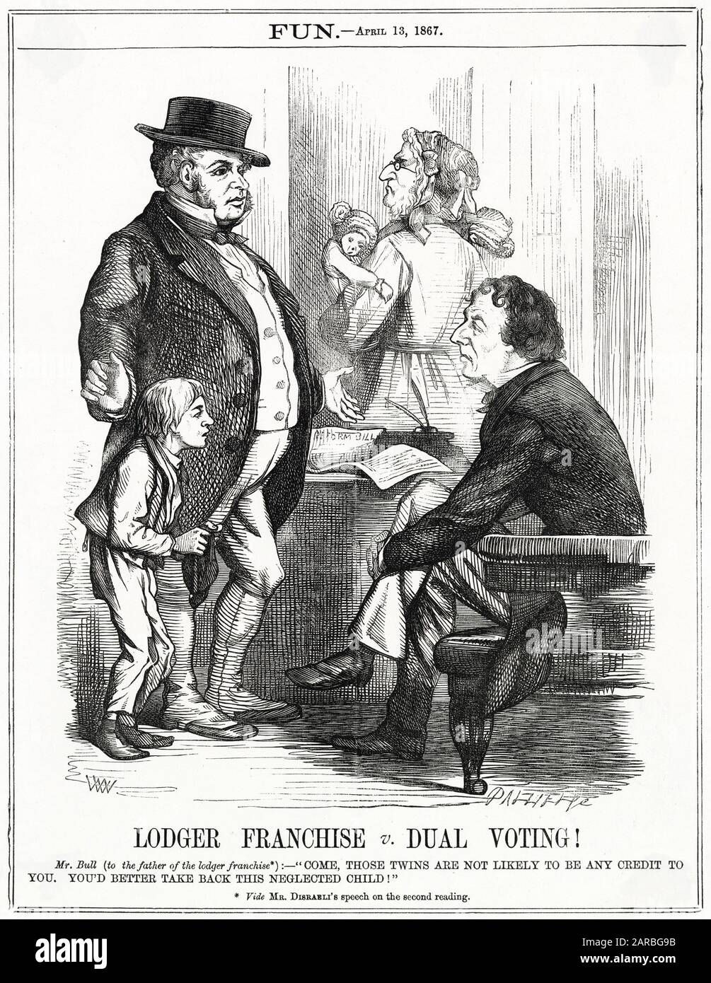 Cartoon, Lodger Franchise v Dual Voting!  A satirical comment on the arguments surrounding the extension of the franchise to include lodgers in Disraeli's Reform Bill. John Bull tries to speak reason to Disraeli, while a grumpy Gladstone stands in the background, dressed as a woman holding a baby. Stock Photo