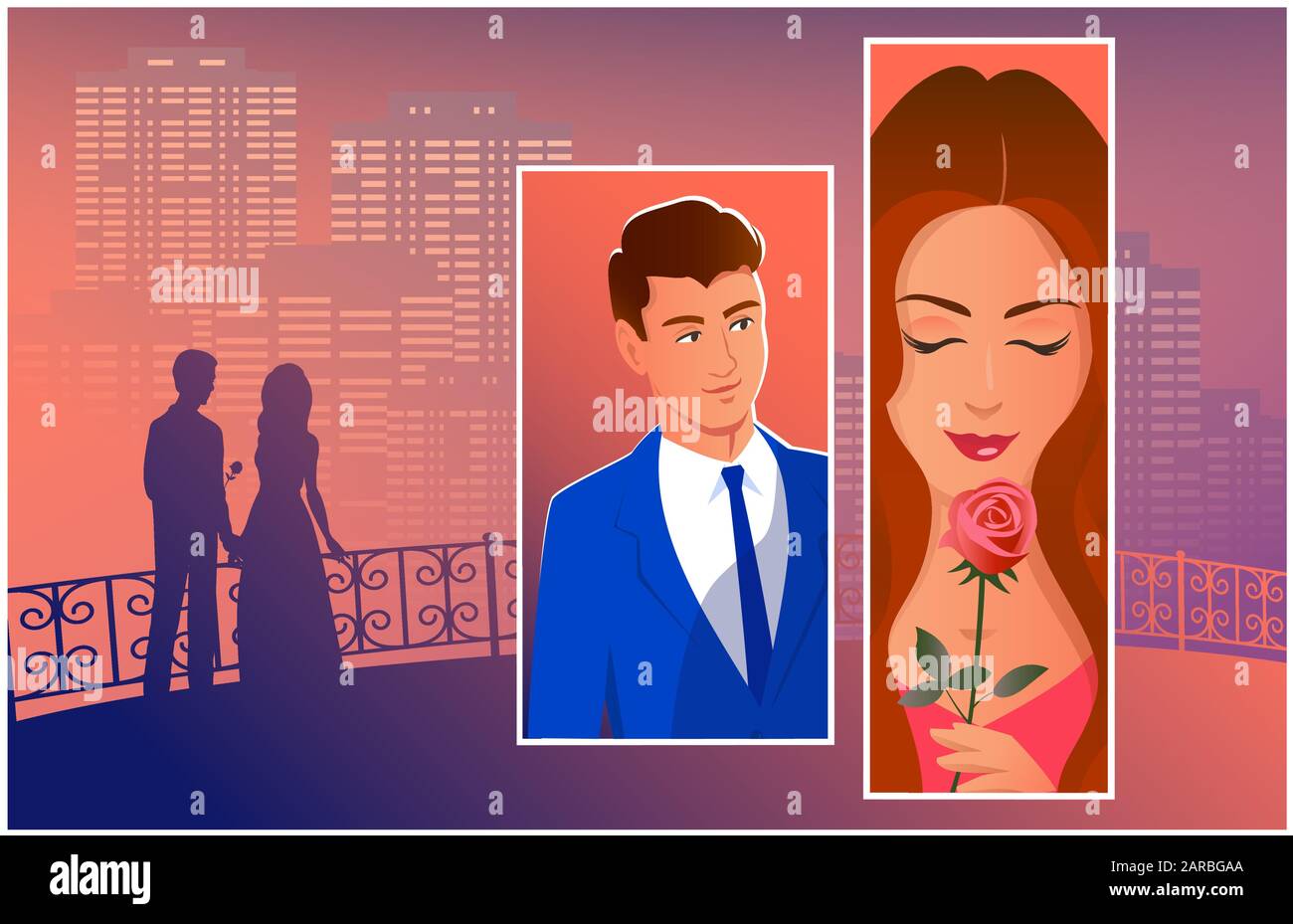 Beautiful couple in the night city. Silhouette of lovers in the distance. And separately, a close-up of a man and a woman with a gift of a rose. Vecto Stock Vector