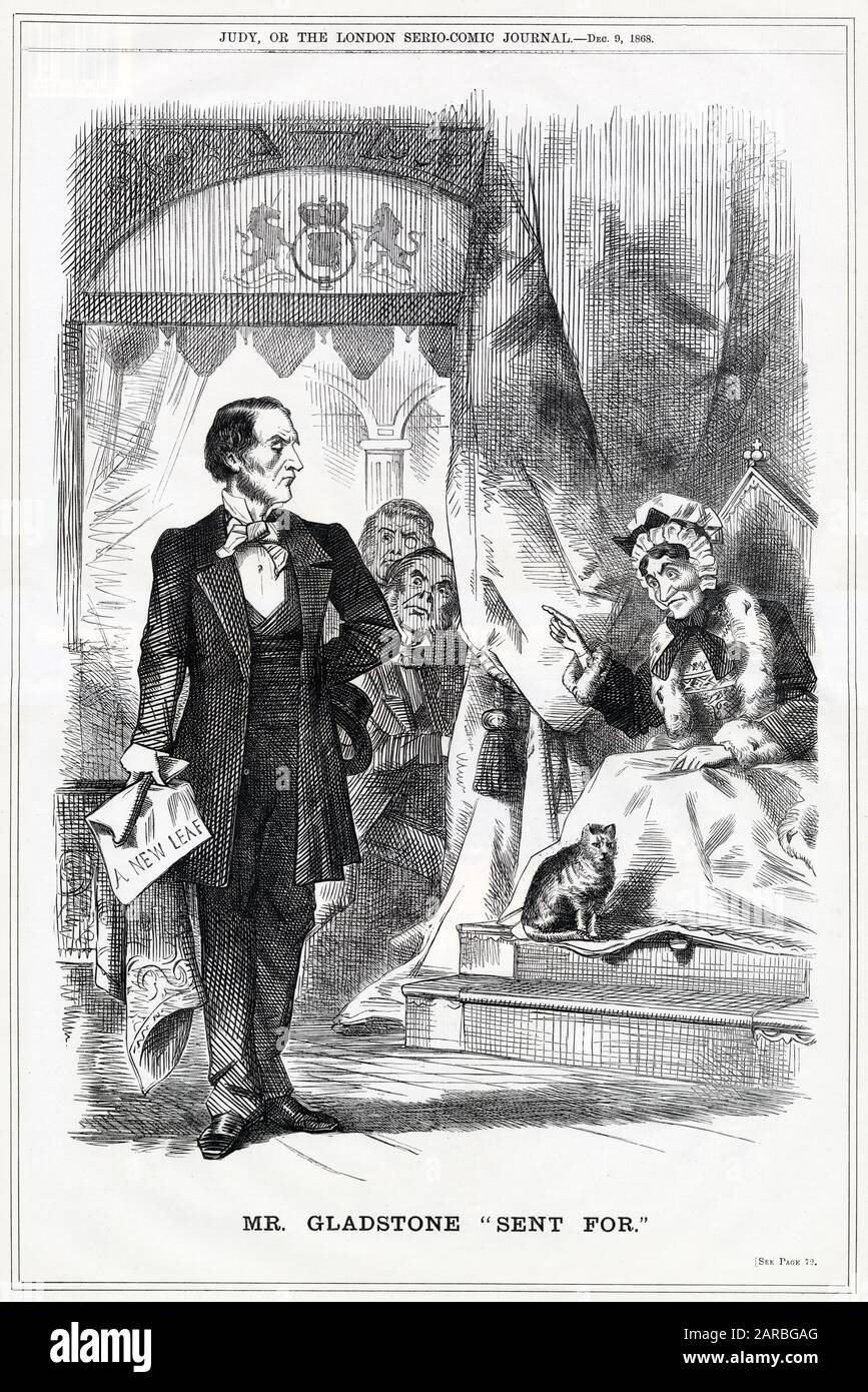 Cartoon, Mr Gladstone Sent For -- a satirical comment on the General Election success of the Liberal Party, headed by William Gladstone, replacing the previous Conservative government which had so dramatically extended the franchise to the 'respectable' working man.      Date: 1868 Stock Photo