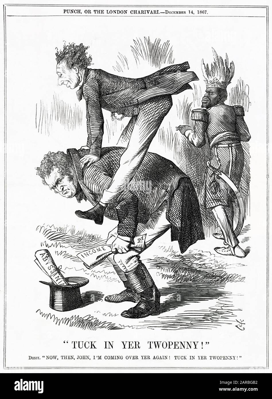 Cartoon, Tuck in Yer Twopenny!  A satirical comment on Disraeli as Chancellor of the Exchequer, raising of income tax by two pennies in the pound. The extra money was being raised for an expedition to Abyssinia, where King Theodore (seen here in the background) had imprisoned some British subjects earlier in the year. Stock Photo