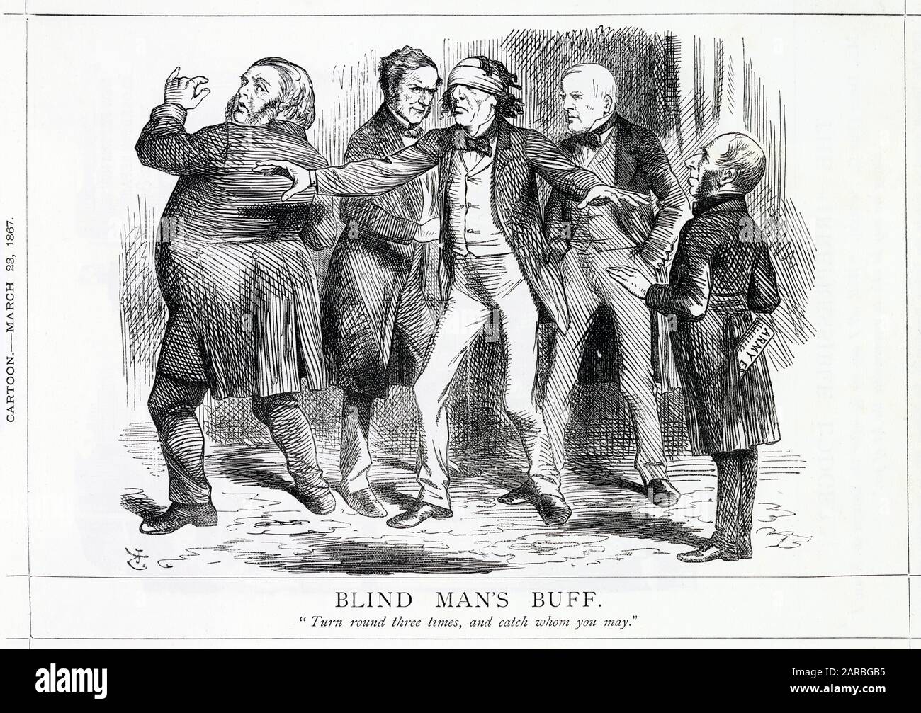 Cartoon, Blind Man's Buff -- a satirical comment on Disraeli's efforts to  progress his ideas for electoral reform. His Reform Bill was altered by  amendments as it passed through the House of