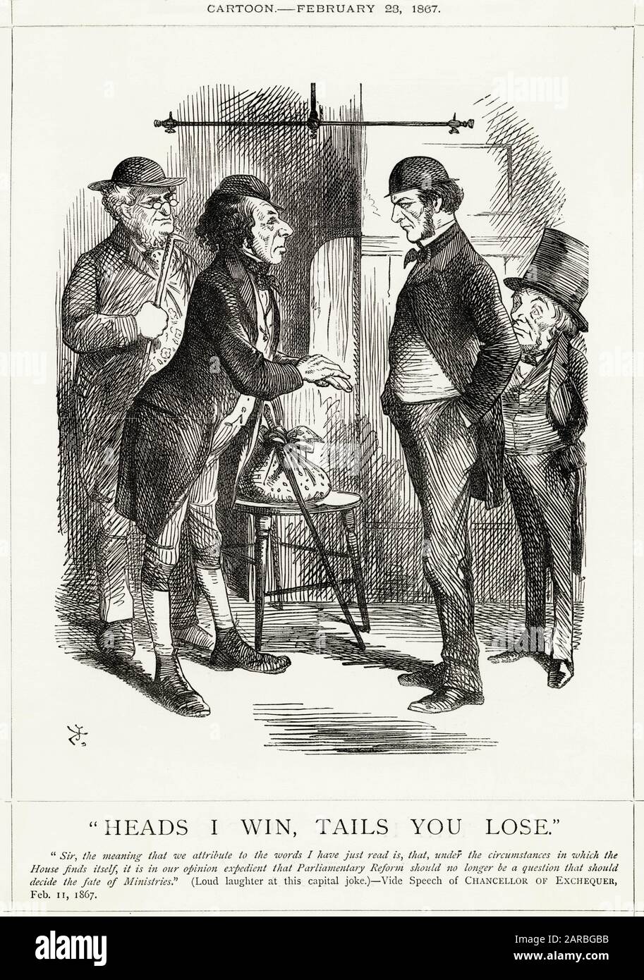 Cartoon, Heads I Win, Tails You Lose -- a satirical comment on the rivalry between Disraeli (left) and Gladstone (right) over the electoral reform question. Also present are Lord Derby and Lord John Russell. Stock Photo