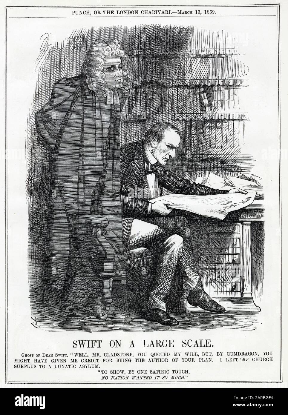 Cartoon, Swift on a Large Scale -- a comment on Gladstone's assigning the surplus from Irish Church endowments (resulting from the disestablishment of the Irish Church) for humanitarian purposes. The ghost of Dean Swift approves of his action, but thinks he should have credited him with the original idea, as he also left money in his will for similar purposes.      Date: 1869 Stock Photo